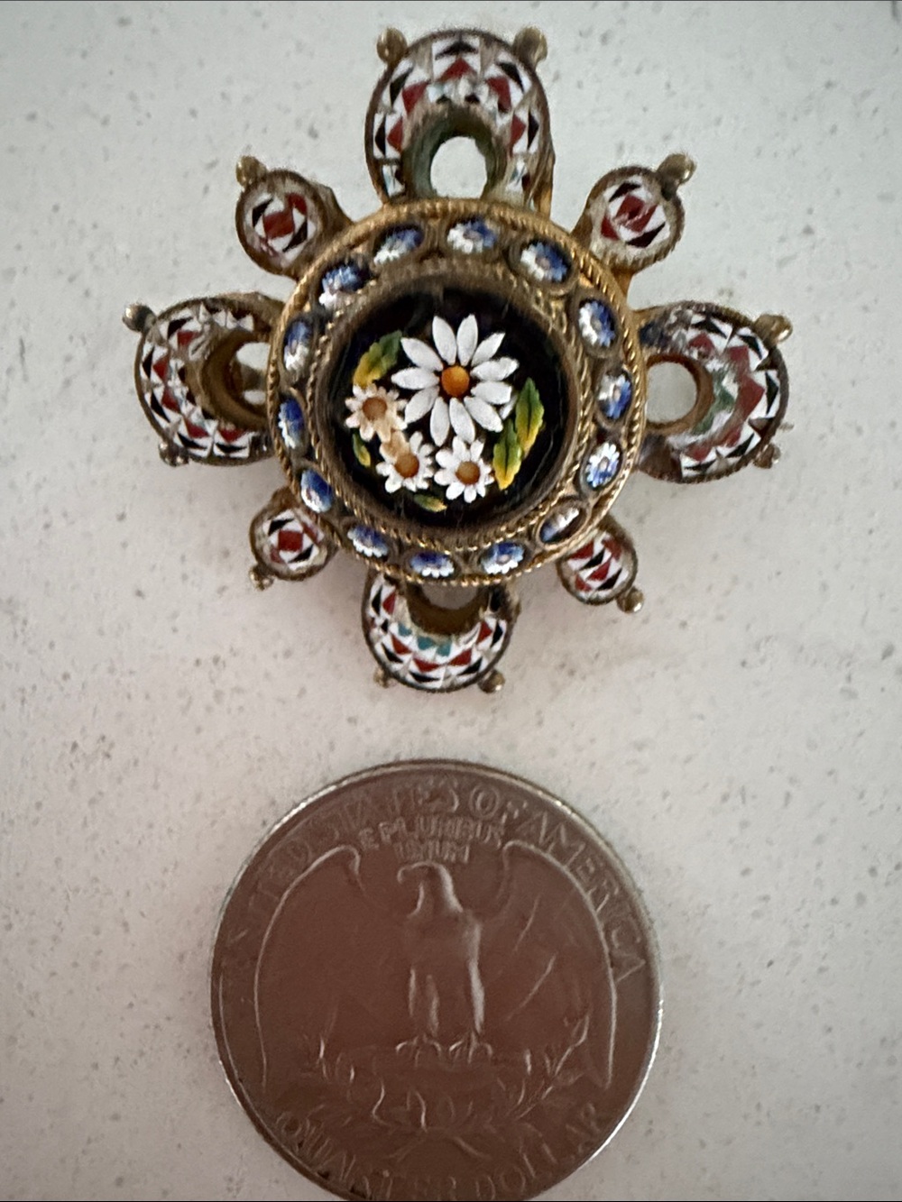 Handcrafted Floral Micro-Mosaic Italy Brooch in Gold Blue White and Black - Picture 2 of 3